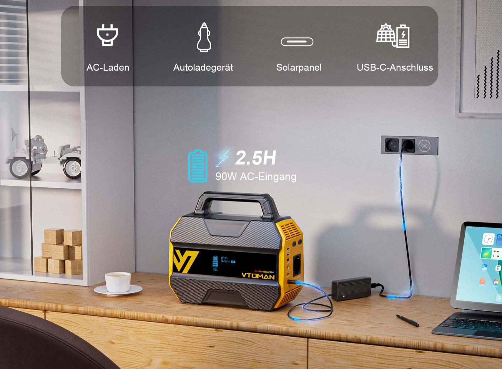 VTOMAN FlashSpeed 300 Tragbare Powerstation 300W - 230Wh Solar Generatoren LiFePO4 Batterie, 100W USB-C/230V AC Ausgang Mobile Stromspeicher Powerstation für Zuhause, Camping, Wohnmobil, Angeln