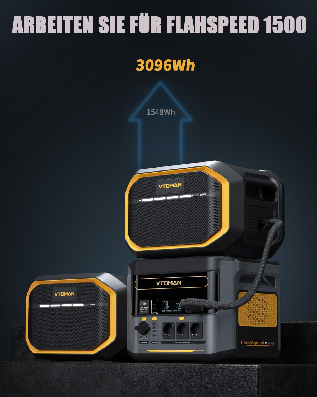 VTOMAN FlashSpeed 1500 Tragbare Powerstation 3096Wh, 1500W (Spitze 3000W) Solar Generator mit Zusatzbatterie, unterstützt AC/DC/Solaraufladung für Camping, Netzunabhängig, Wohnmobil, Notfall