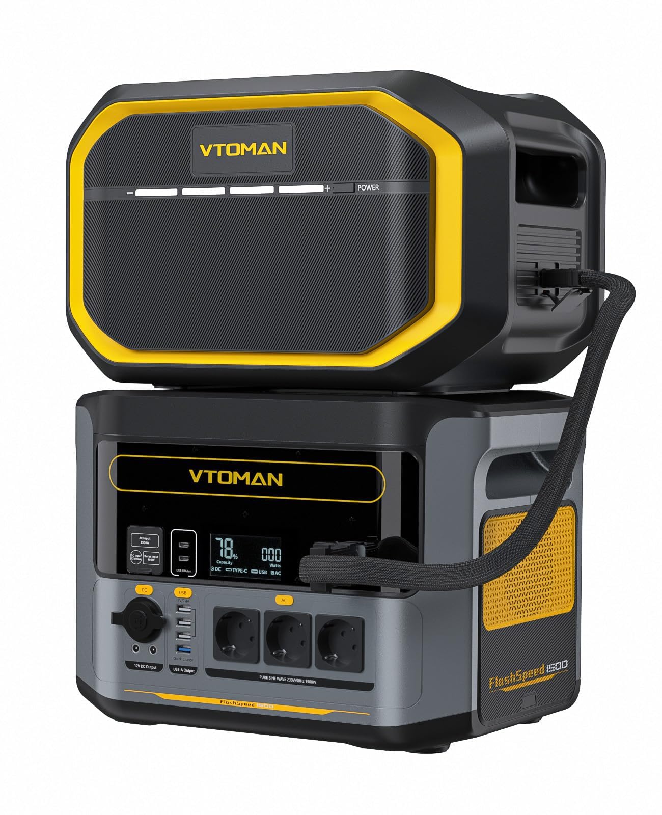 VTOMAN FlashSpeed 1500 Tragbare Powerstation 3096Wh, 1500W (Spitze 3000W) Solar Generator mit Zusatzbatterie, unterstützt AC/DC/Solaraufladung für Camping, Netzunabhängig, Wohnmobil, Notfall